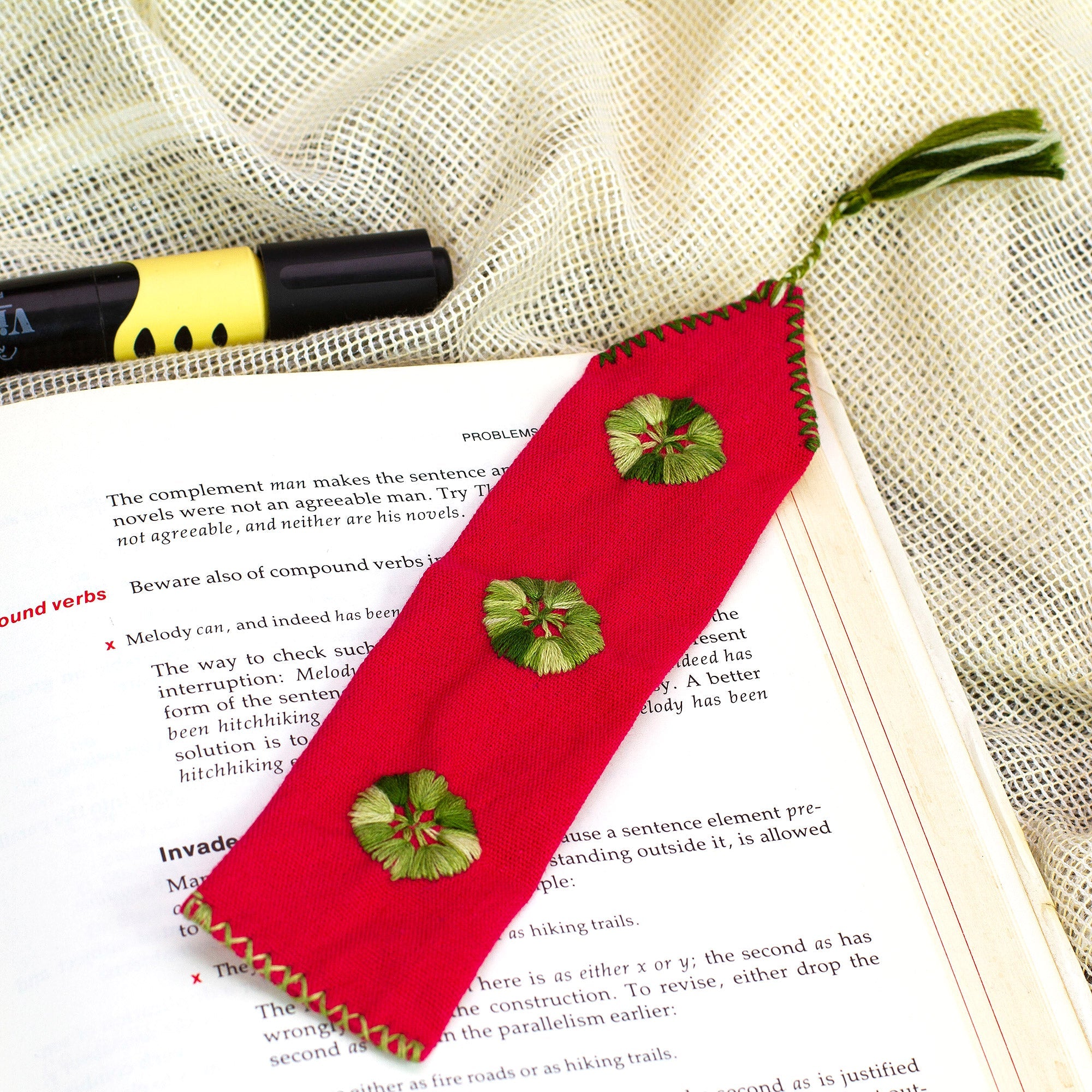 Red Hand Woven Cotton Bookmark with Embroidery - Storyteller