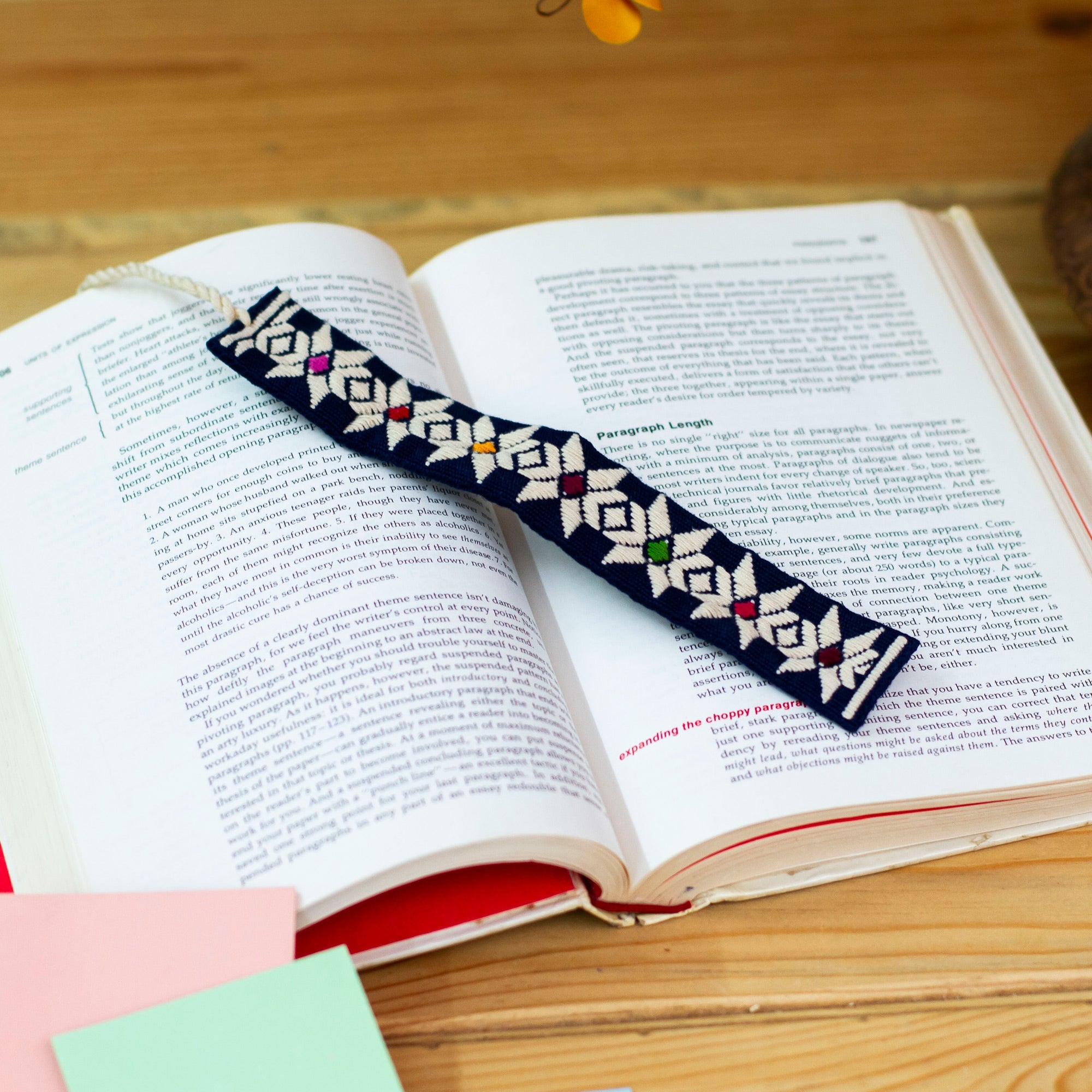 Hand Crafted Multi-Color Embroidered Cotton Bookmark - Star Flowers