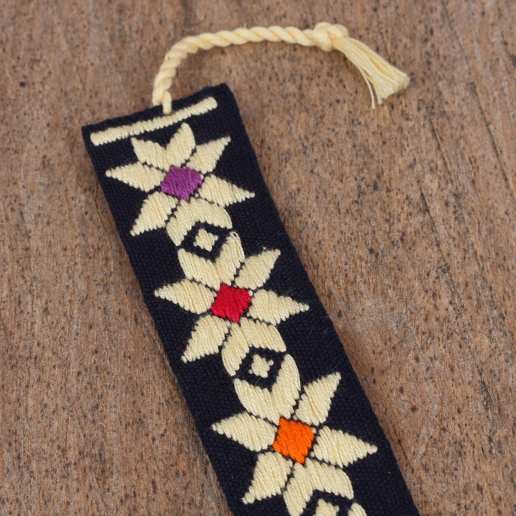 Hand Crafted Multi-Color Embroidered Cotton Bookmark - Star Flowers