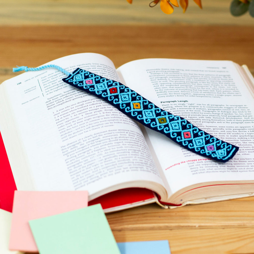 Hand Crafted Sky Blue on Navy Embroidered Cotton Bookmark - Scrolling Diamonds in Blue