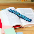 Hand Crafted Sky Blue on Navy Embroidered Cotton Bookmark - Scrolling Diamonds in Blue