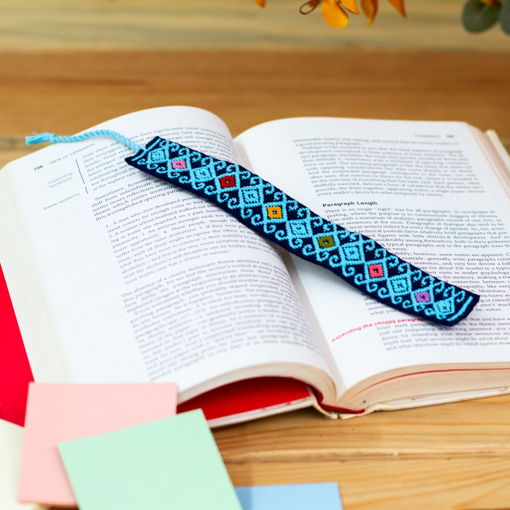 Hand Crafted Sky Blue on Navy Embroidered Cotton Bookmark - Scrolling Diamonds in Blue