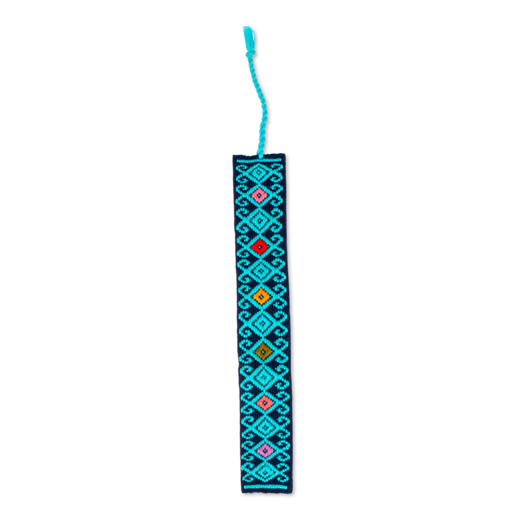 Hand Crafted Sky Blue on Navy Embroidered Cotton Bookmark - Scrolling Diamonds in Blue