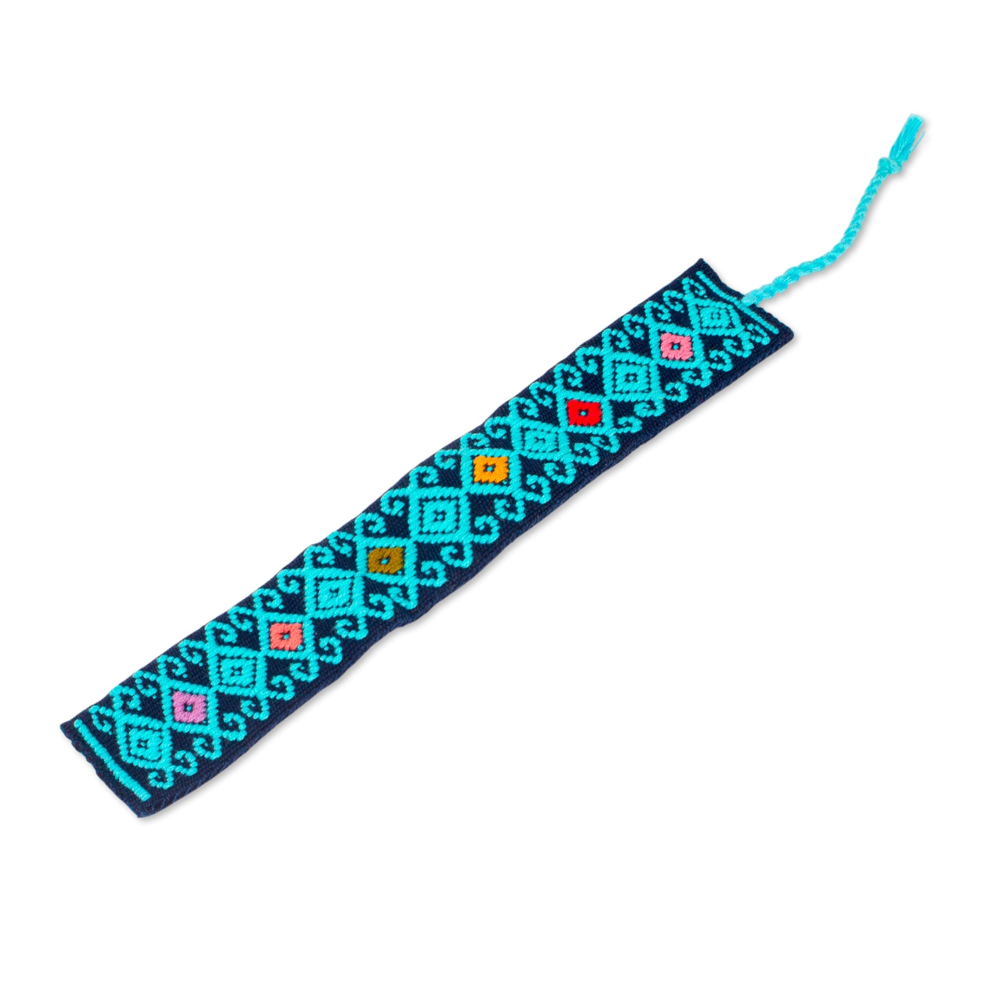 Hand Crafted Sky Blue on Navy Embroidered Cotton Bookmark - Scrolling Diamonds in Blue