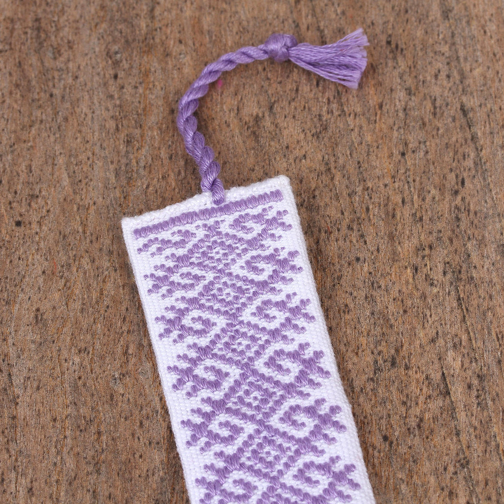 Hand Crafted White and Lilac Embroidered Cotton Bookmark - Lilac Diamonds