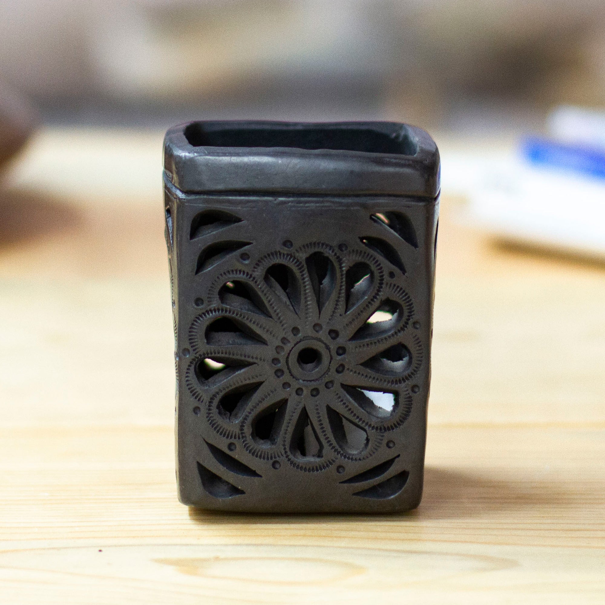 Oaxaca Barro Negro Rectangular Floral Ceramic Pencil Holder - Oaxacan Flower
