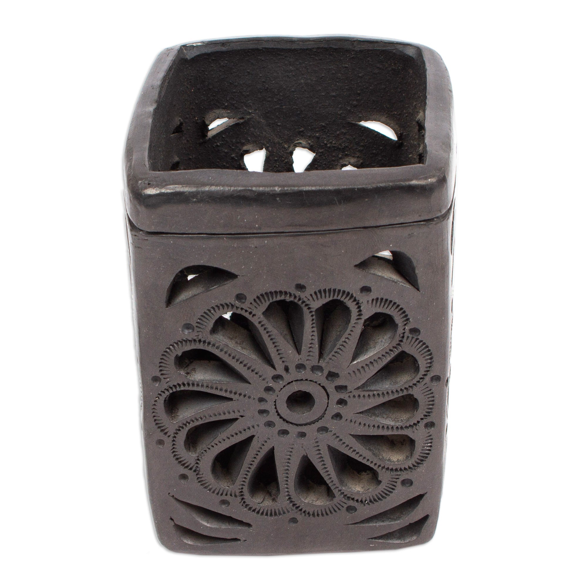 Oaxaca Barro Negro Rectangular Floral Ceramic Pencil Holder - Oaxacan Flower