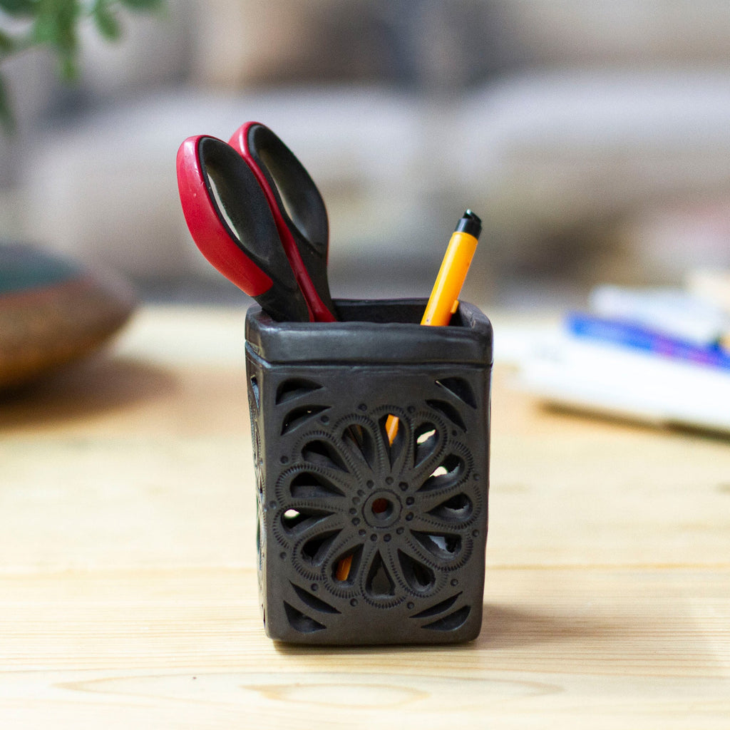 Oaxaca Barro Negro Rectangular Floral Ceramic Pencil Holder - Oaxacan Flower