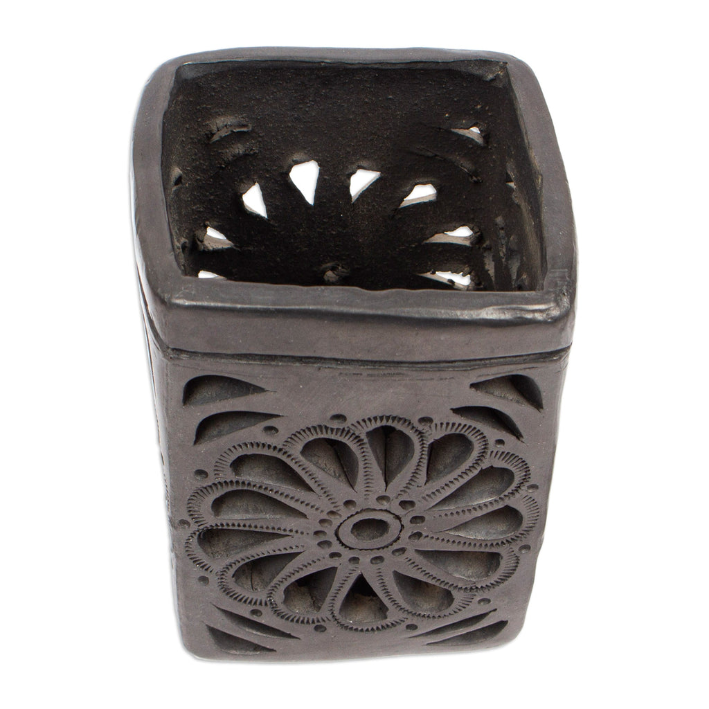 Oaxaca Barro Negro Rectangular Floral Ceramic Pencil Holder - Oaxacan Flower