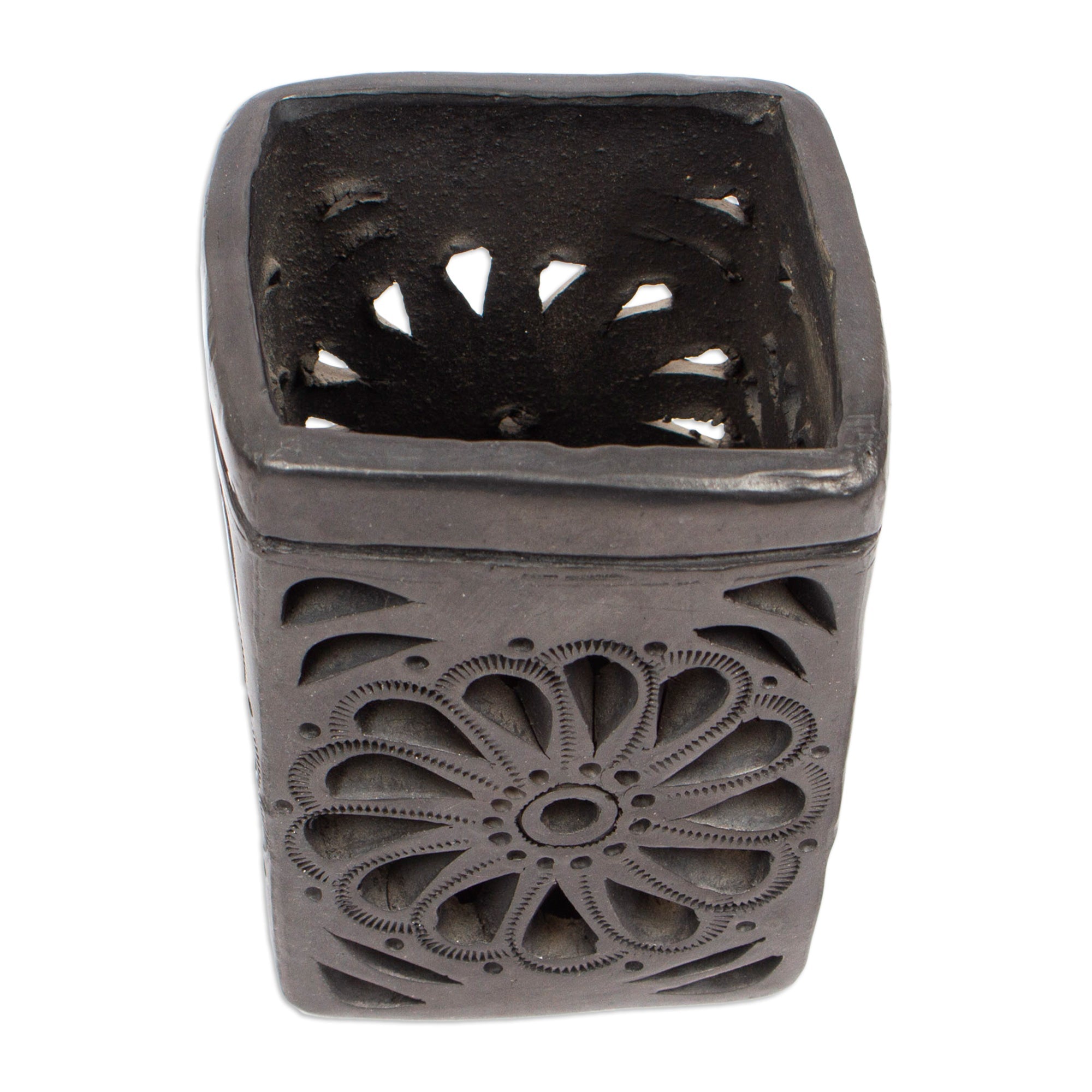 Oaxaca Barro Negro Rectangular Floral Ceramic Pencil Holder - Oaxacan Flower