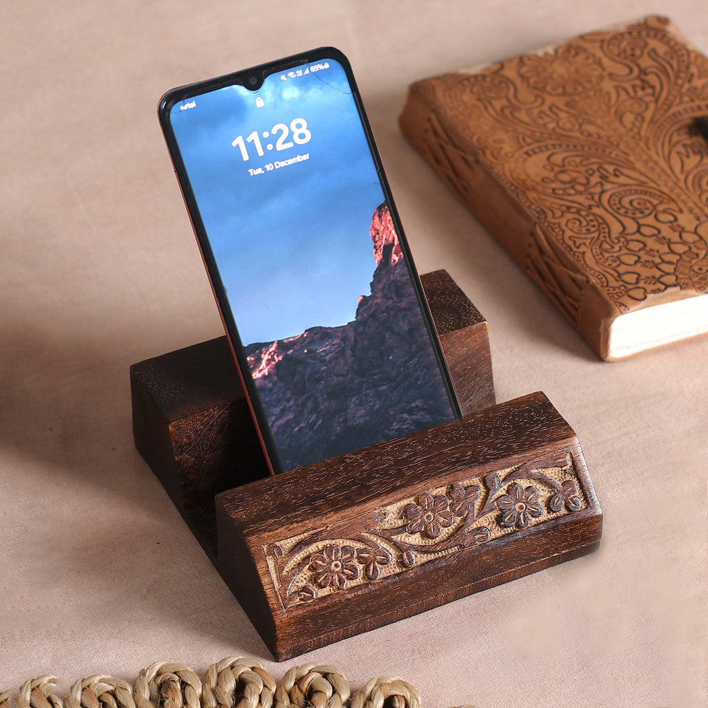Wood Mobile Device Stand with Hand Carved Floral Motif - Desk Garden
