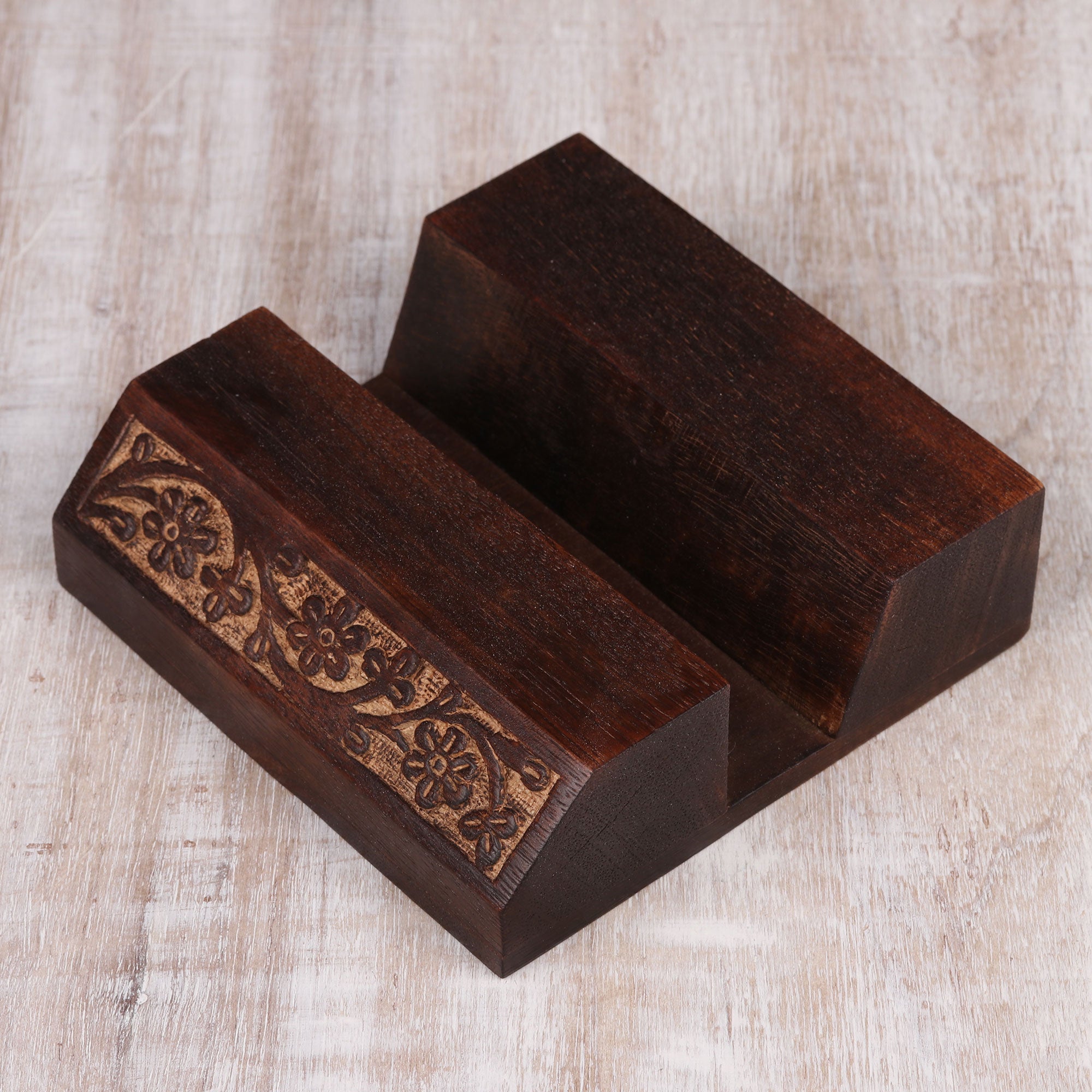 Wood Mobile Device Stand with Hand Carved Floral Motif - Desk Garden