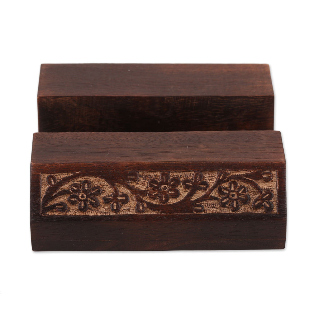 Wood Mobile Device Stand with Hand Carved Floral Motif - Desk Garden