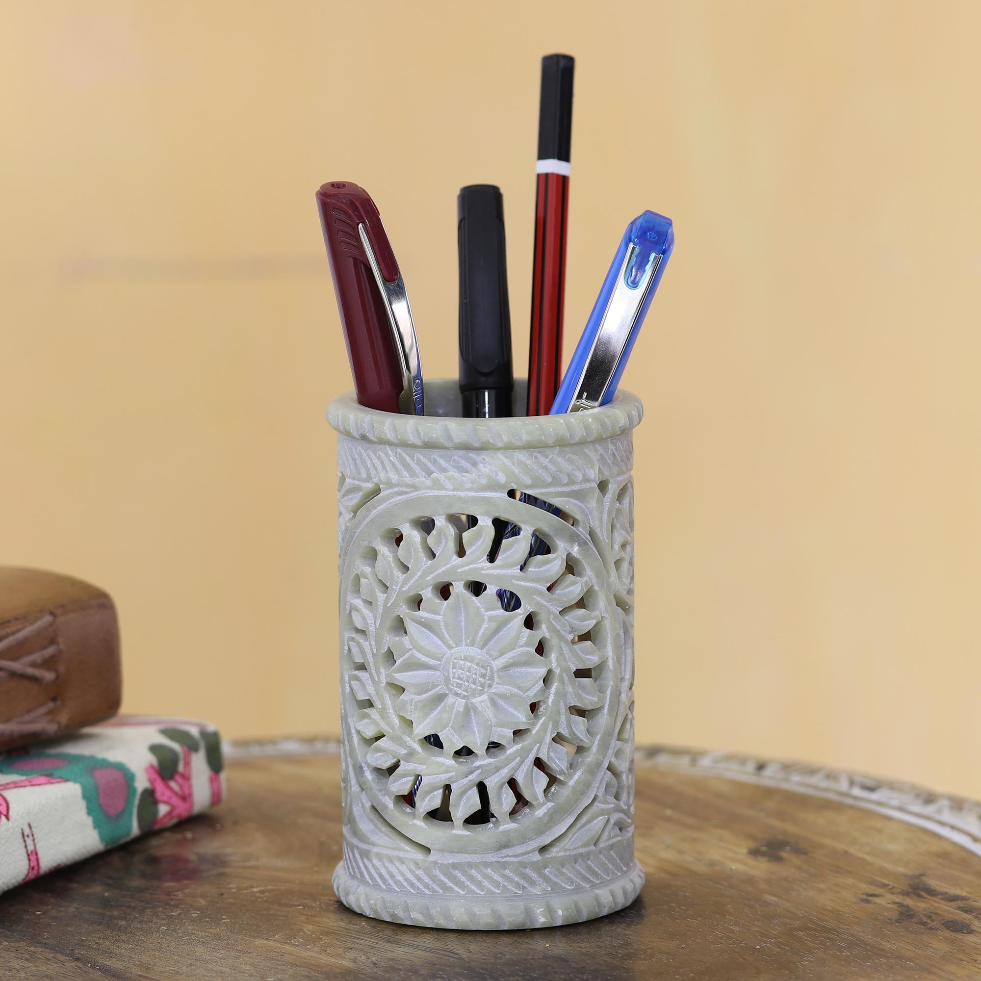Hand Made Soapstone Floral Pen Holder - Botanical Fantasy