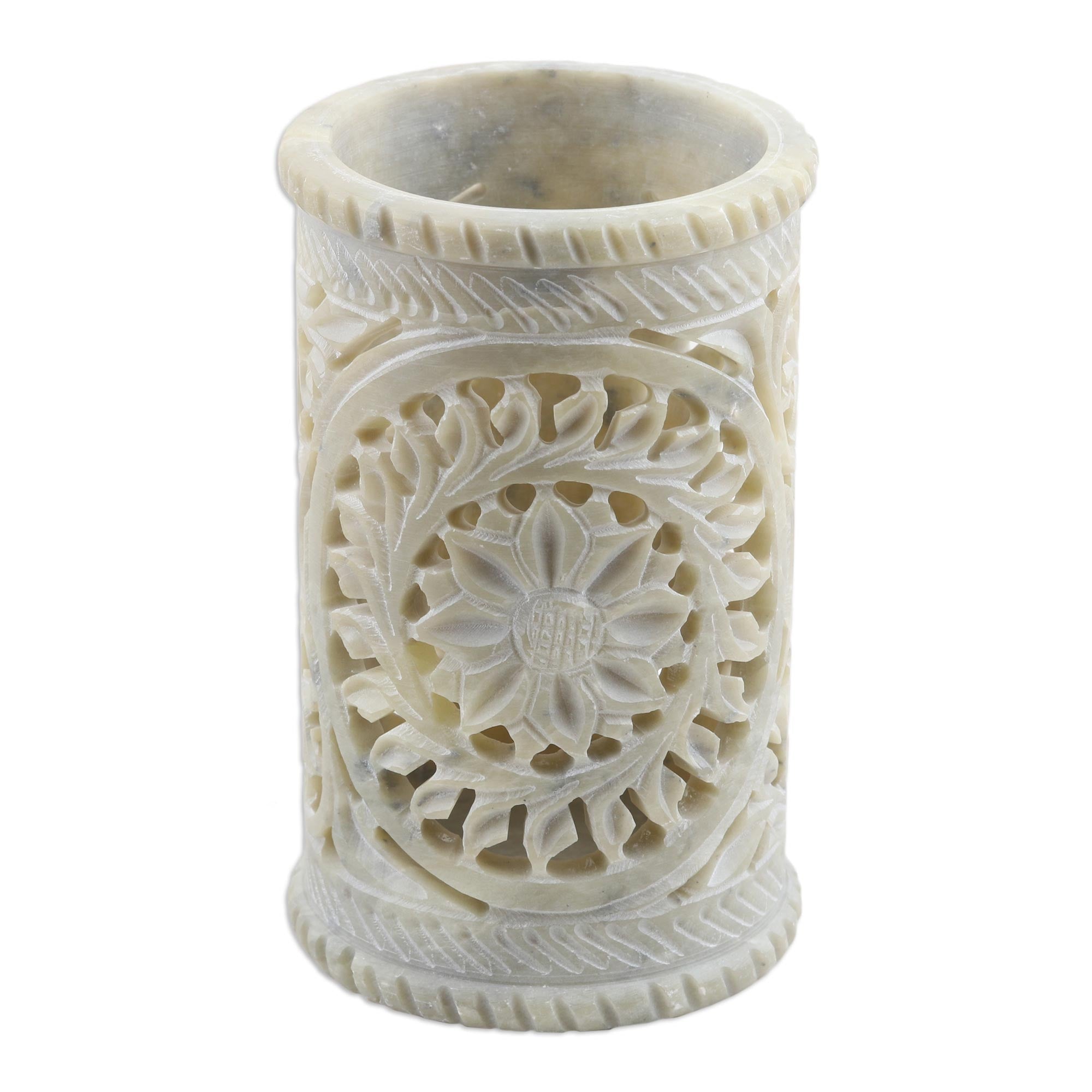 Hand Made Soapstone Floral Pen Holder - Botanical Fantasy