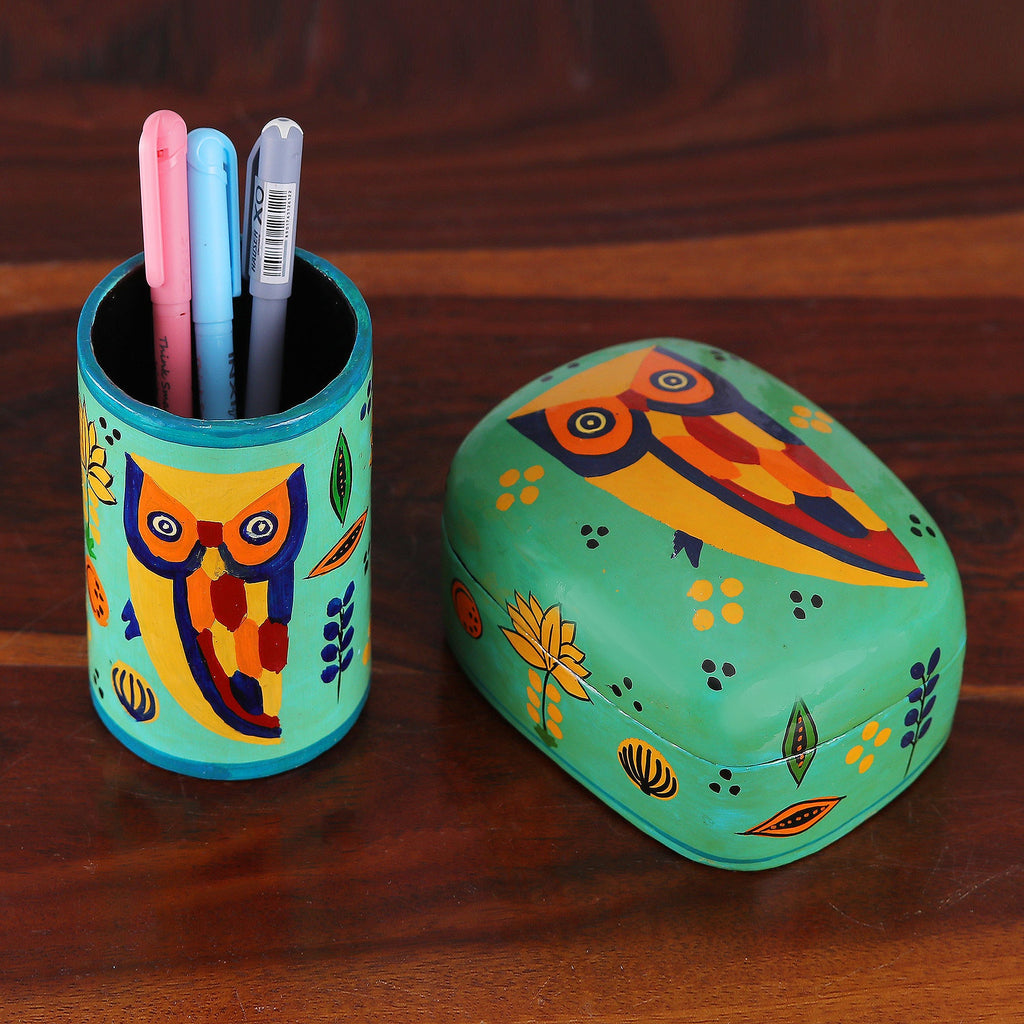 Papier Mache Owl-Motif Pen Holder - Owl Story in Teal