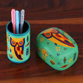 Papier Mache Owl-Motif Pen Holder - Owl Story in Teal