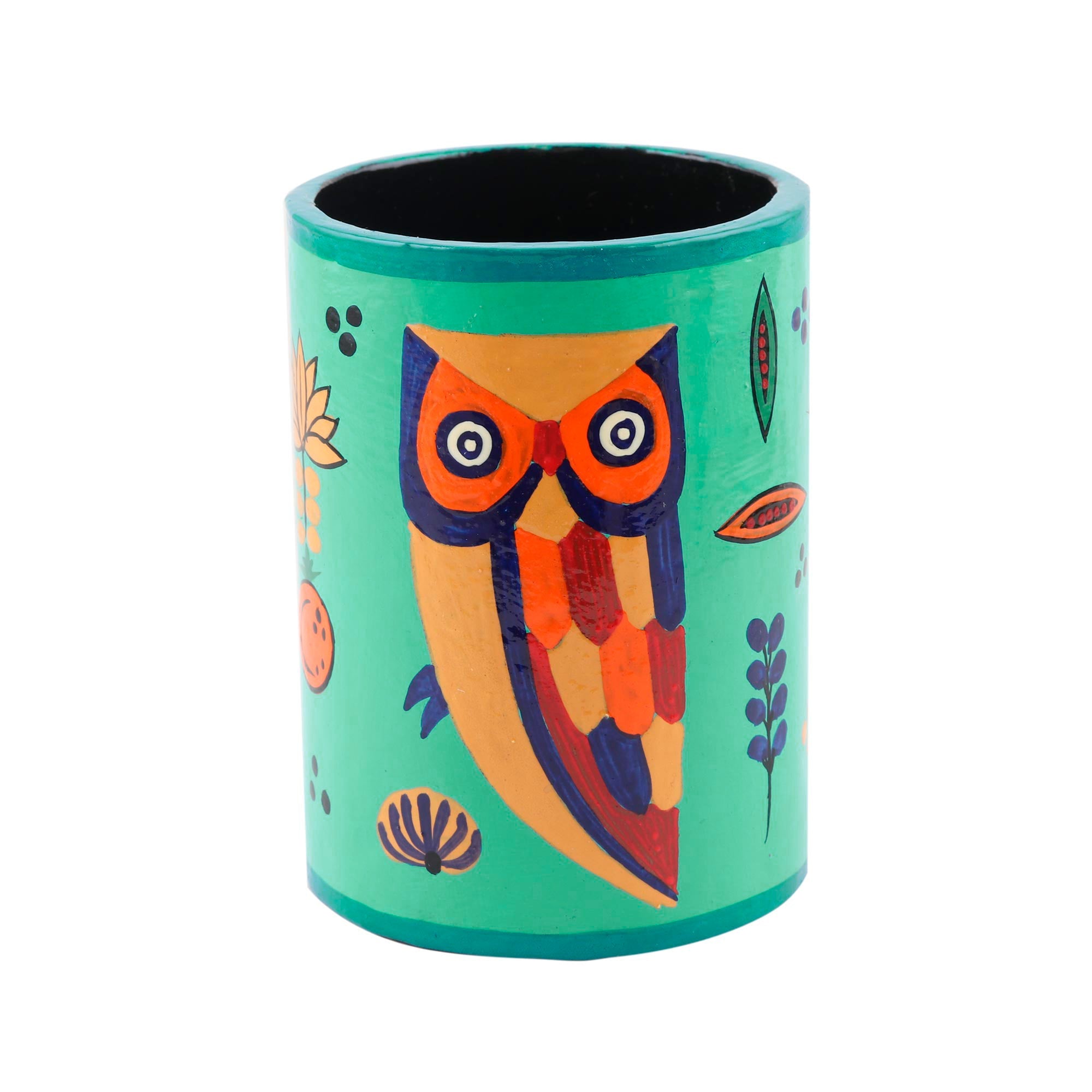 Papier Mache Owl-Motif Pen Holder - Owl Story in Teal