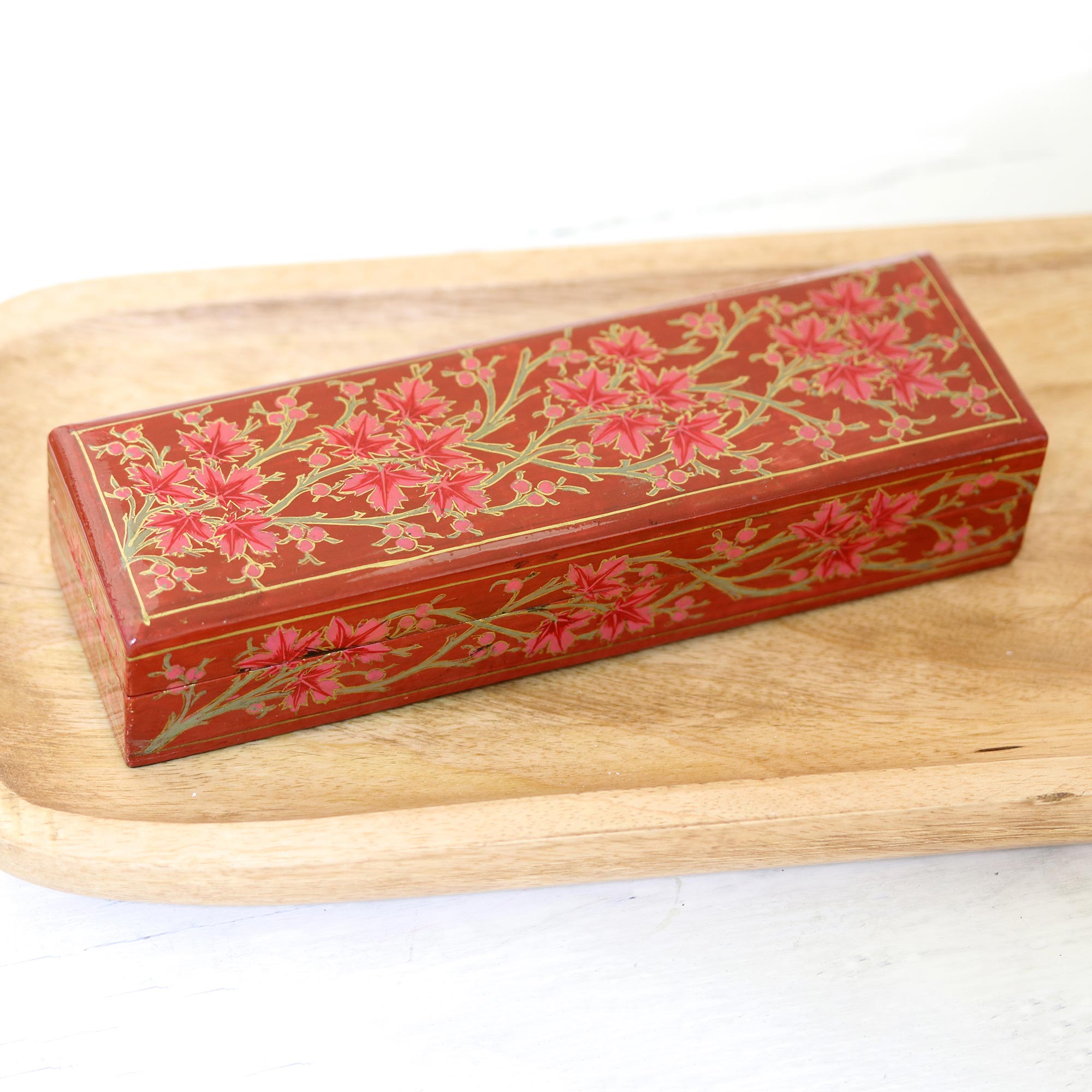 Decorative Papier Mache Box with Leaf Motif - Chinar Pride in Red