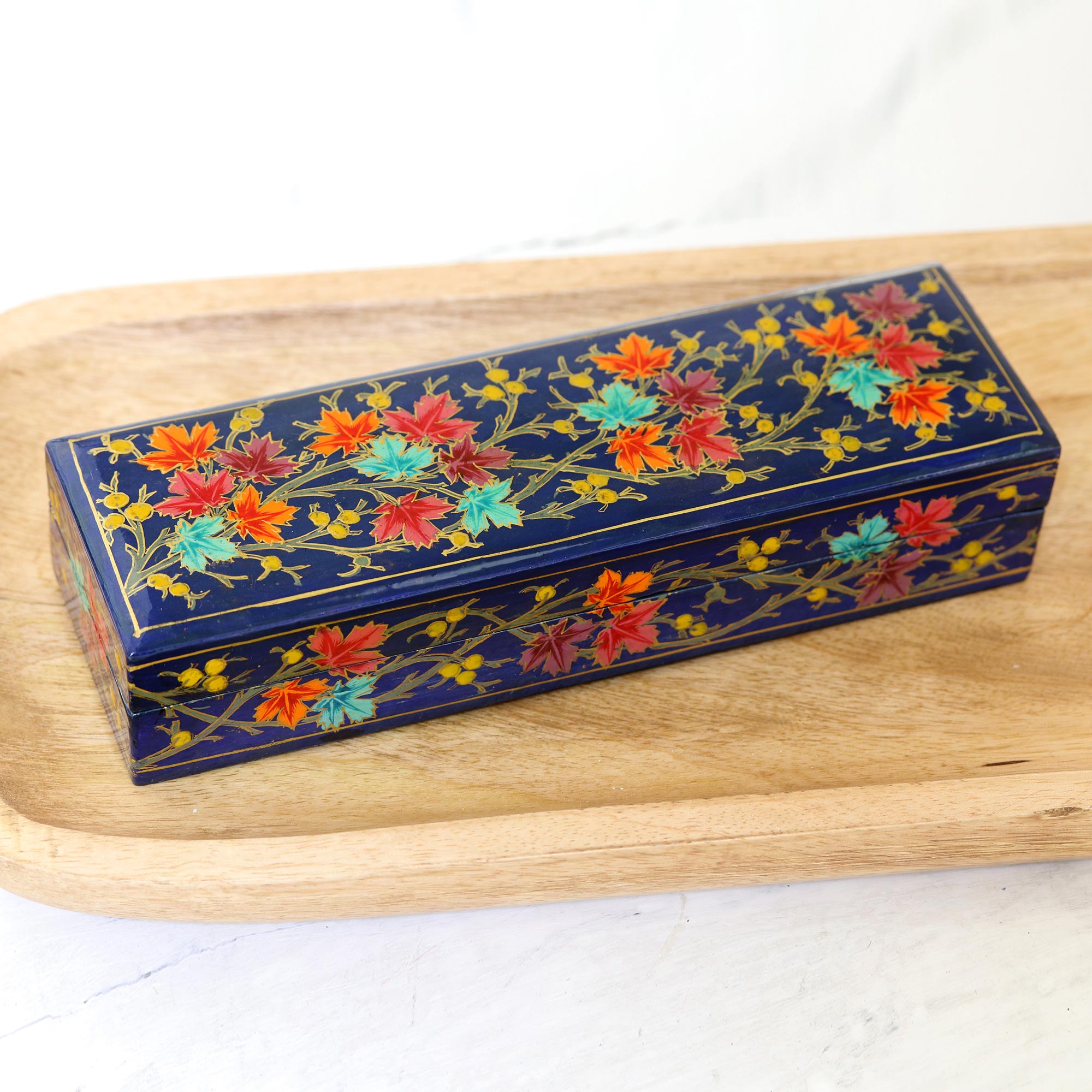Indian Papier Mache and Weeping Willow Wood Box - Chinar Pride in Blue