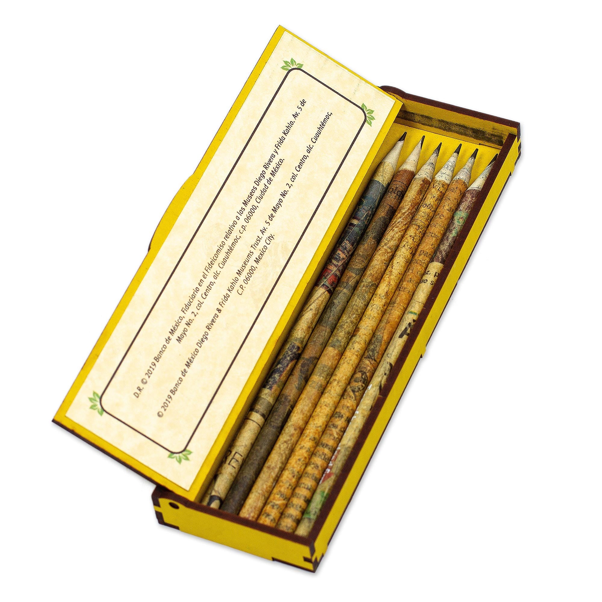 Boxed Set of Six Pencils Made With Recycled Newspaper - Diego and Frida in Yellow