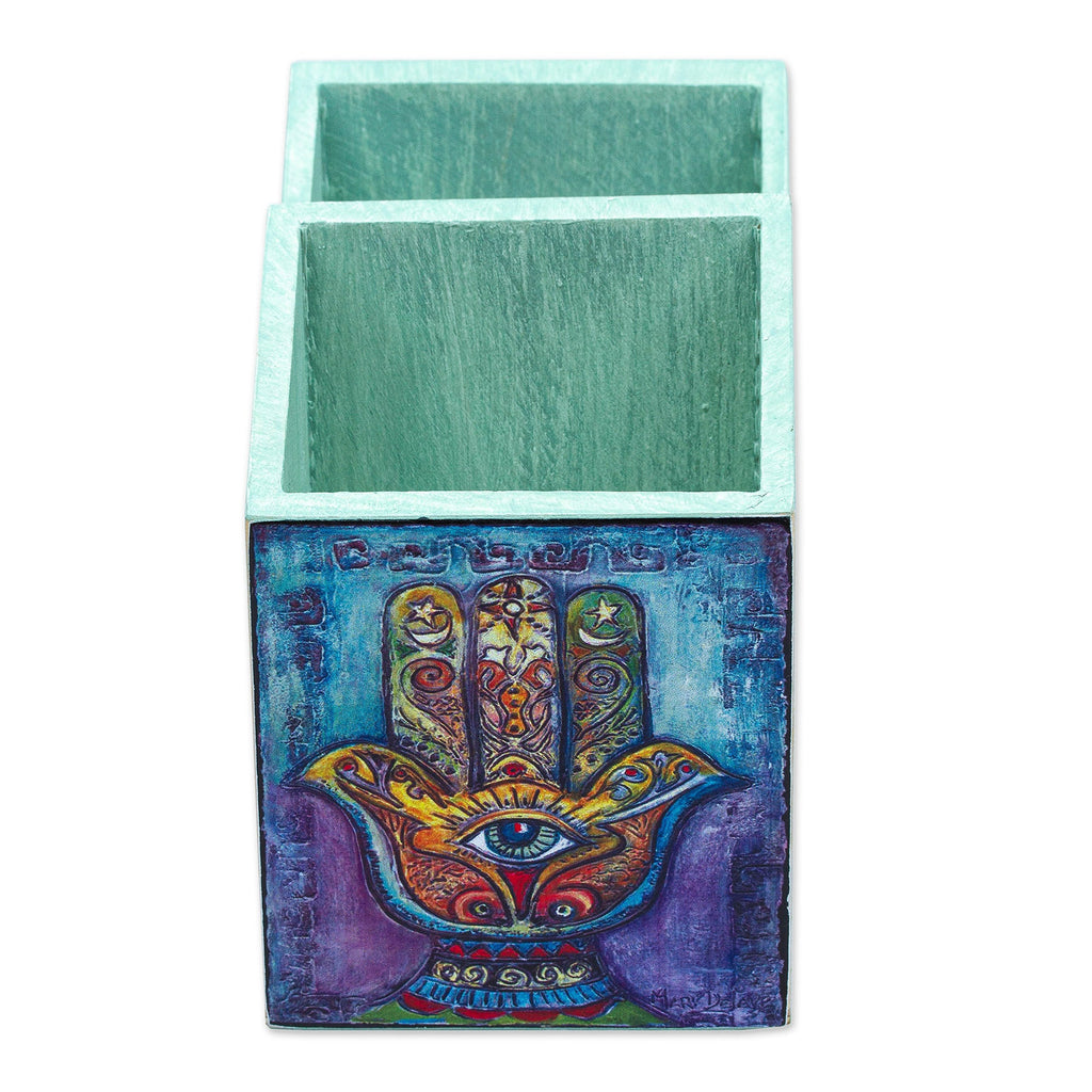 Multicolor Decoupage Hamsa Pine Wood Pencil Holder - Multicolored Hamsa