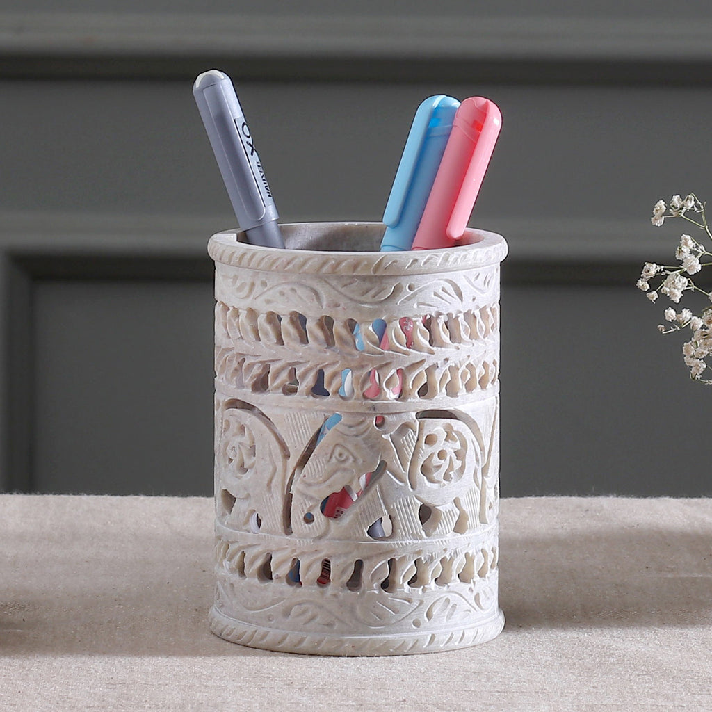 Handcrafted Soapstone Pencil Holder with Elephant Motifs - Helping Elephant