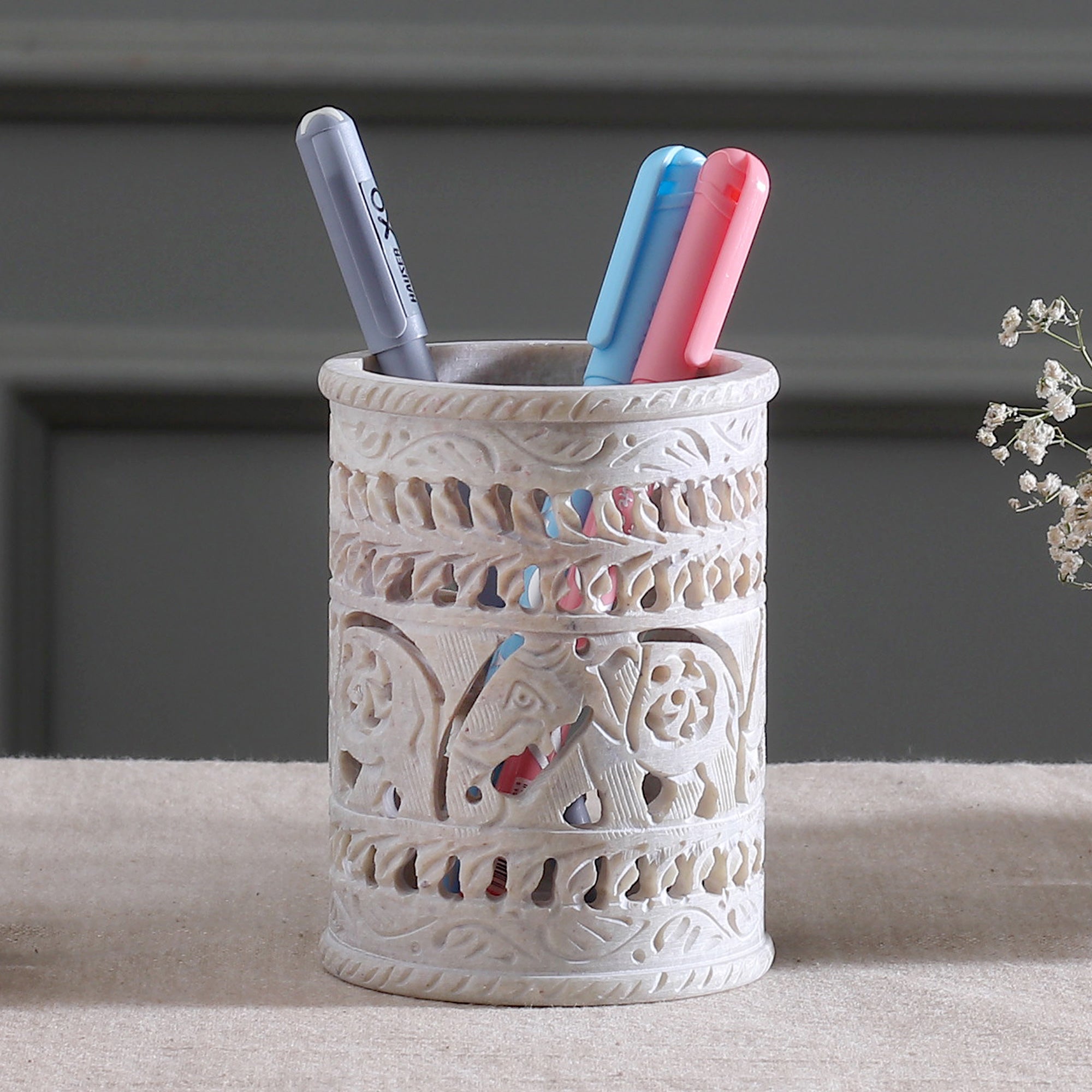 Handcrafted Soapstone Pencil Holder with Elephant Motifs - Helping Elephant