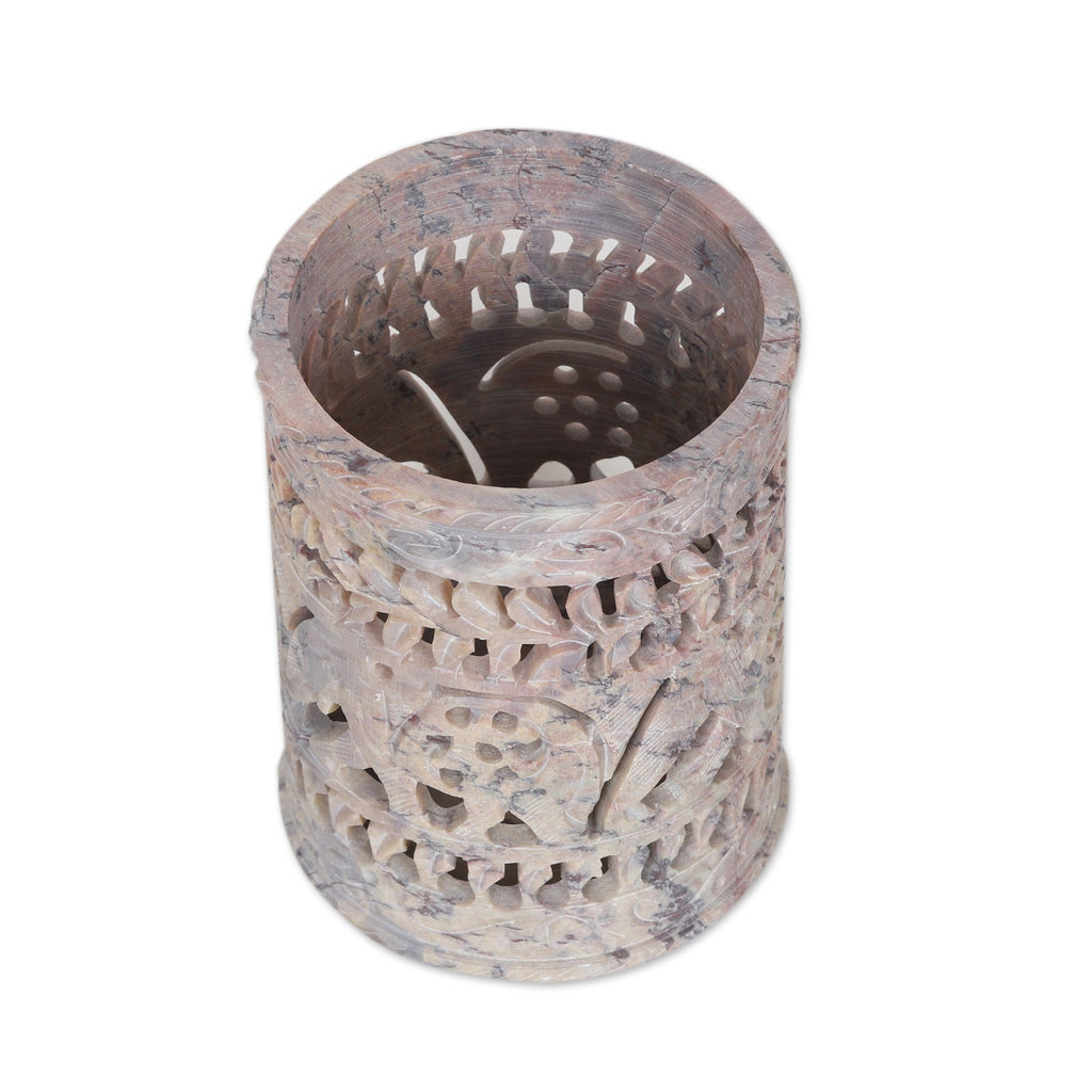 Handcrafted Soapstone Pencil Holder with Elephant Motifs - Helping Elephant