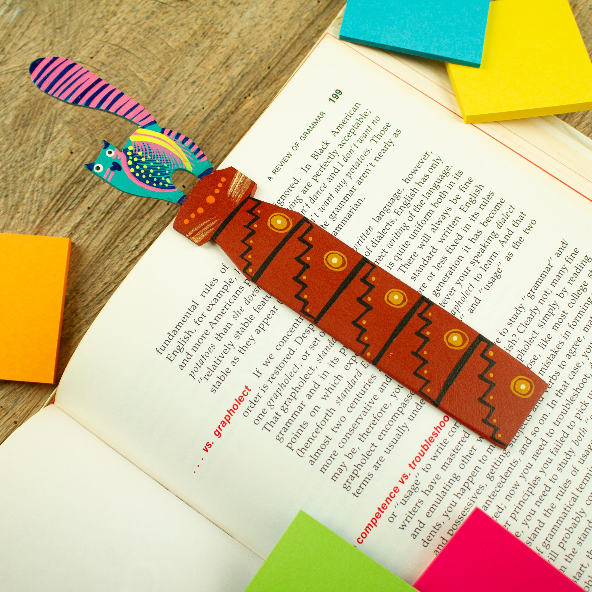 Teal and Pink Cat-Themed Copal Wood Bookmark from Mexico - Reading Cat