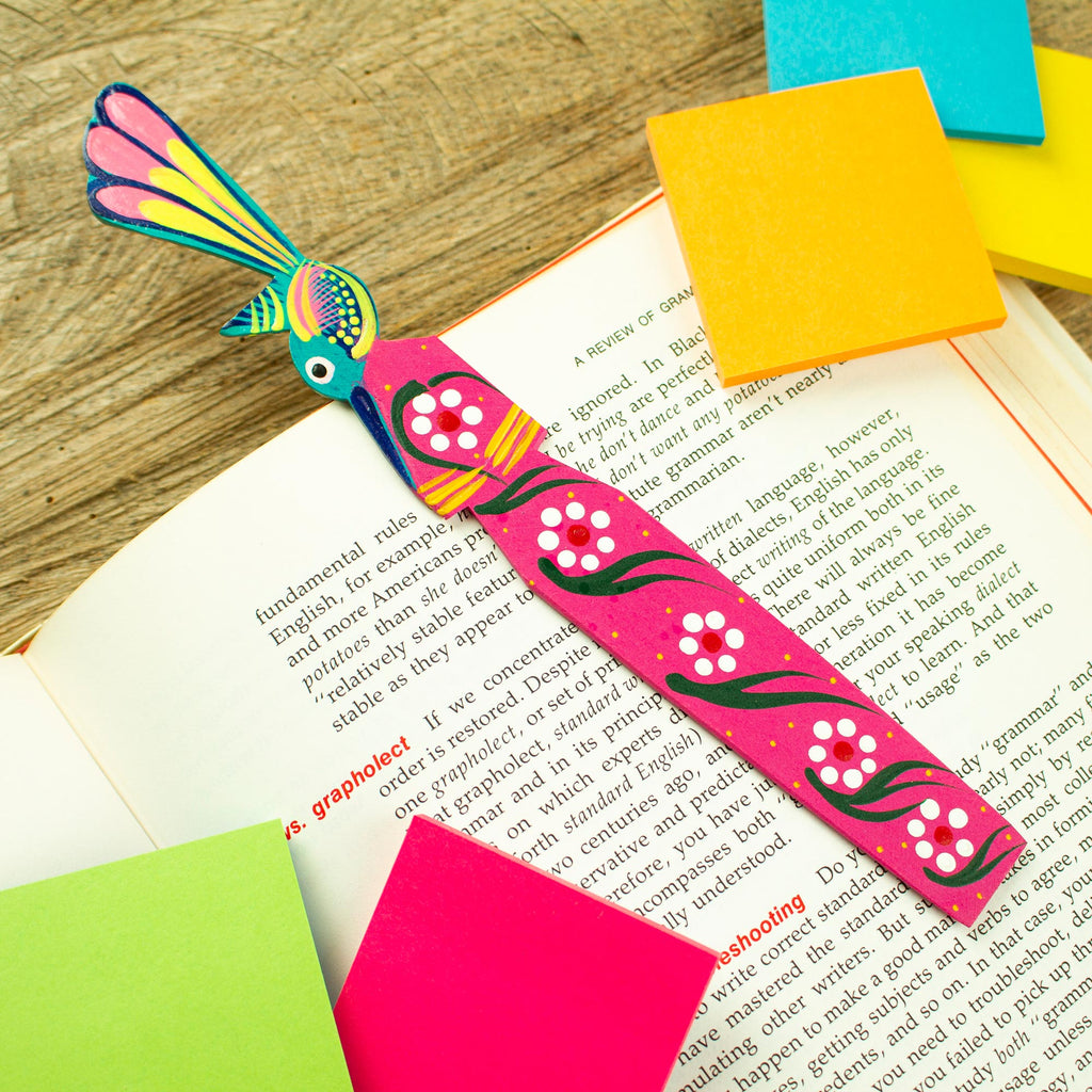 Handmade Floral Bird-Themed Copal Wood Bookmark from Mexico - Reading Hummingbird