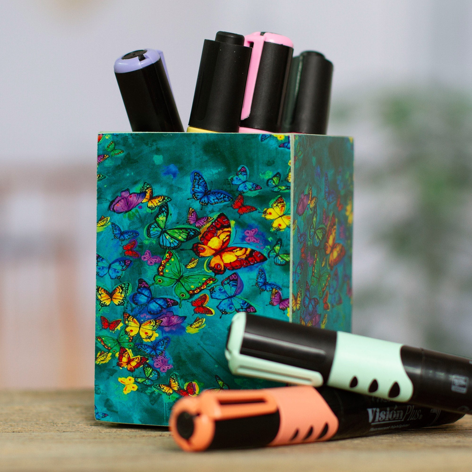 Pine Wood Pencil Holder with Decoupage Butterflies - Paradise Butterflies