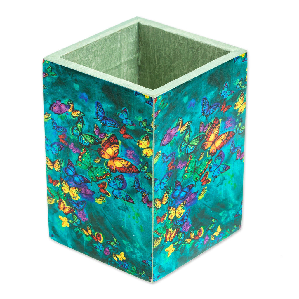 Pine Wood Pencil Holder with Decoupage Butterflies - Paradise Butterflies