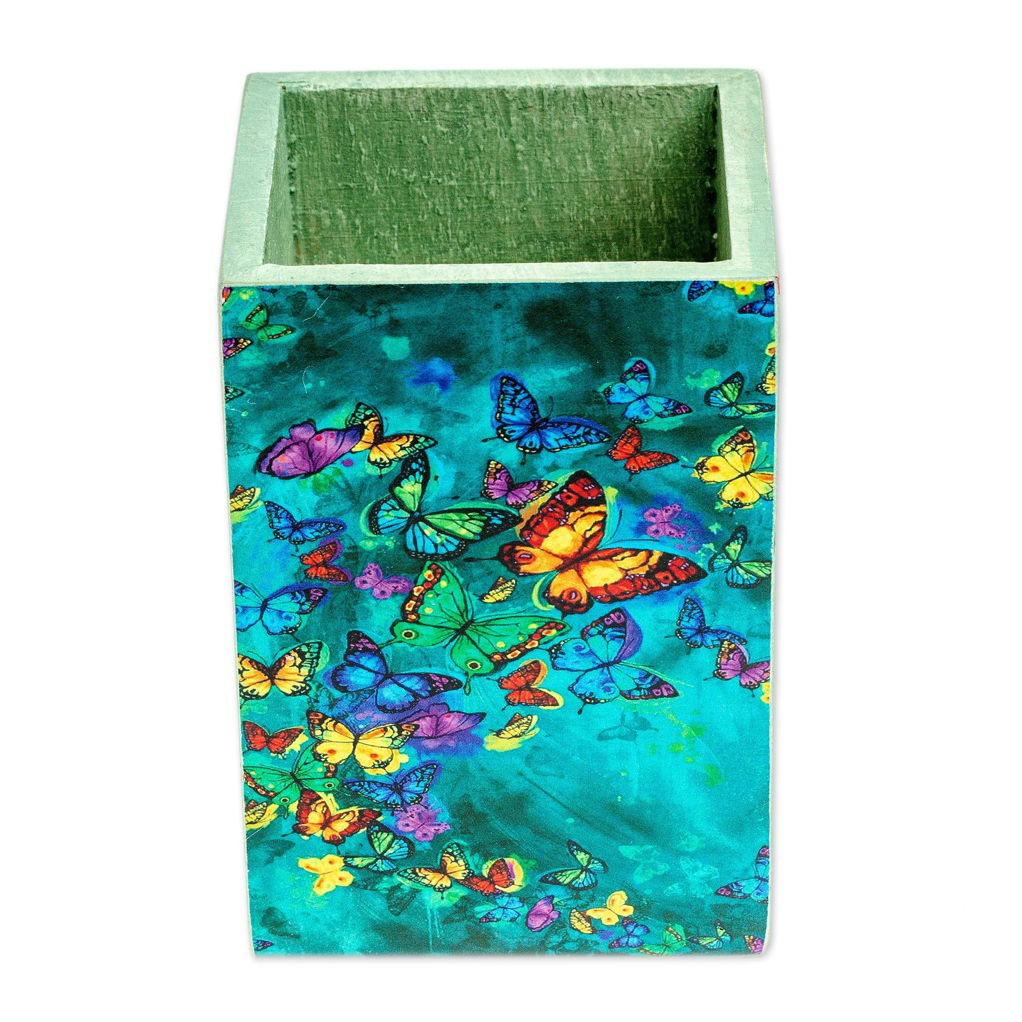 Pine Wood Pencil Holder with Decoupage Butterflies - Paradise Butterflies