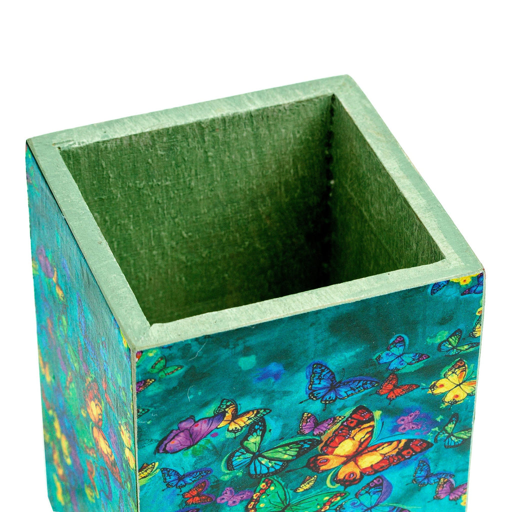 Pine Wood Pencil Holder with Decoupage Butterflies - Paradise Butterflies