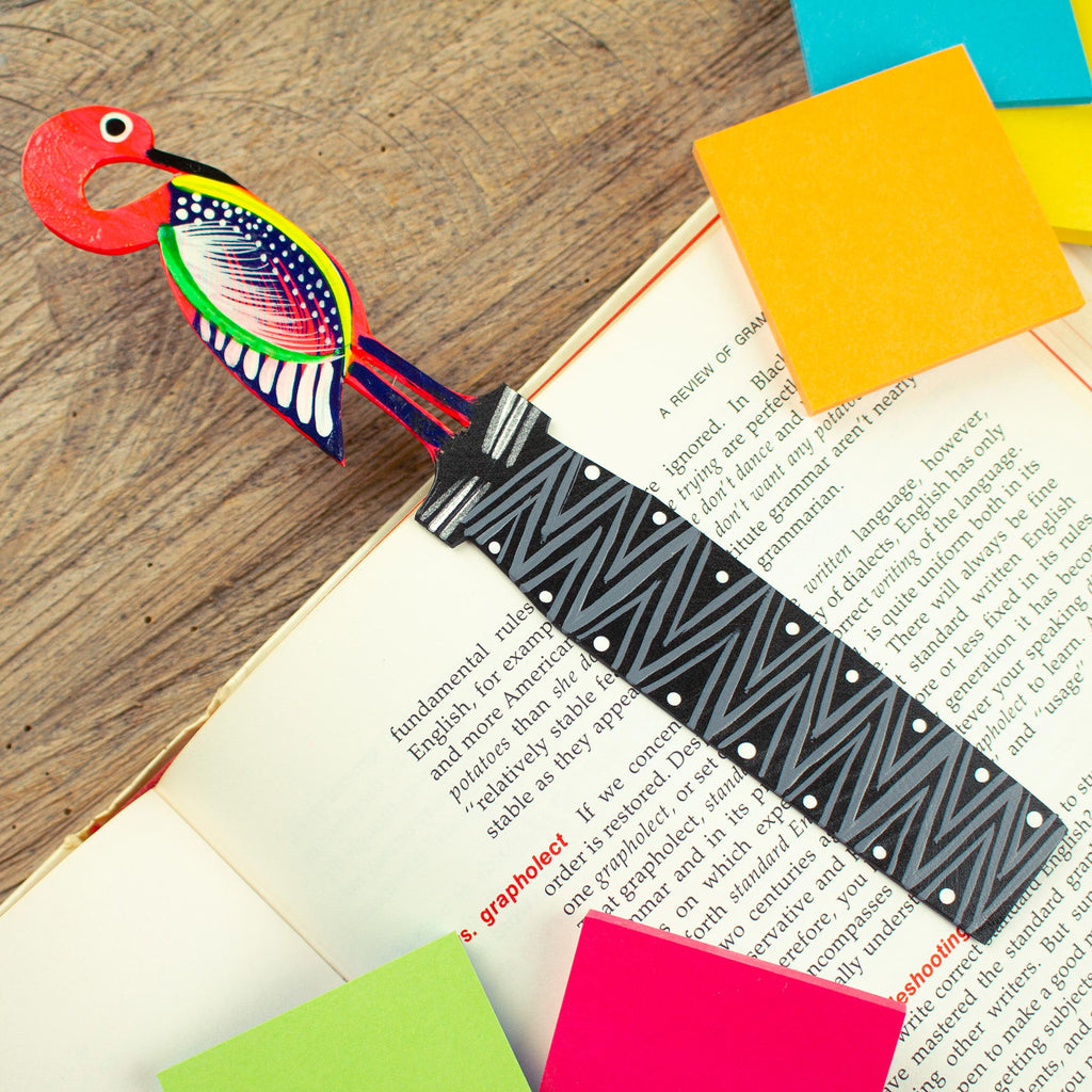 Hand-Painted Pink Flamingo Copal Wood Bookmark from Oaxaca - Reading Flamingo