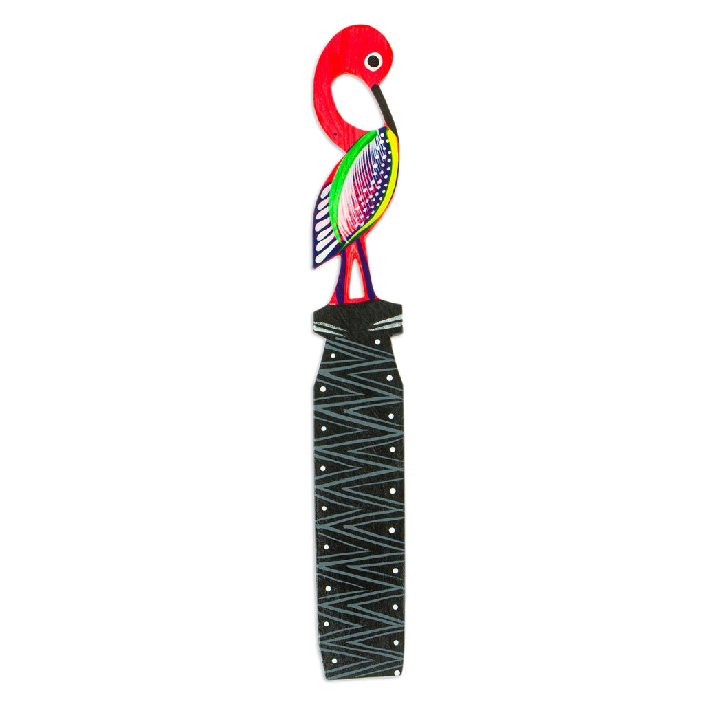 Hand-Painted Pink Flamingo Copal Wood Bookmark from Oaxaca - Reading Flamingo