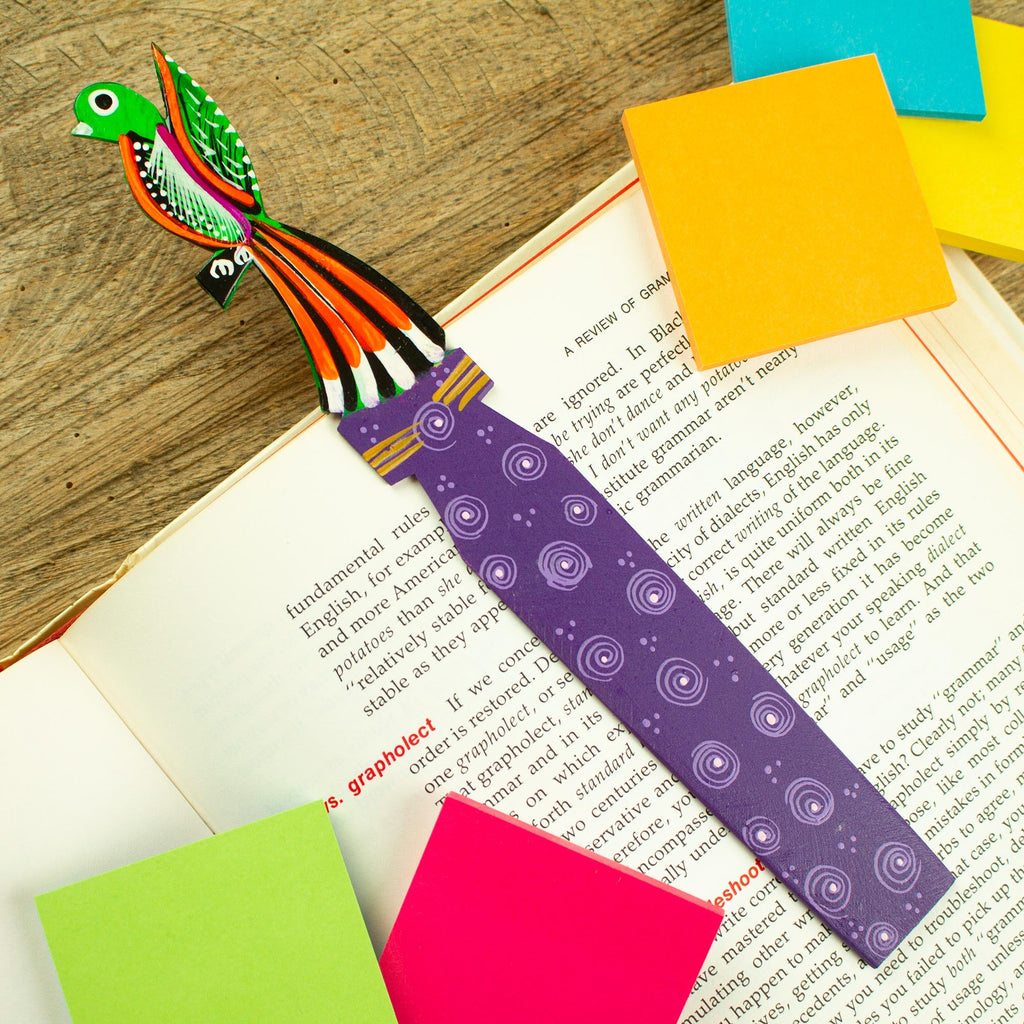 Handmade Multicolor Copal Wood Bookmark with Mexican Quetzal - Reading Quetzal